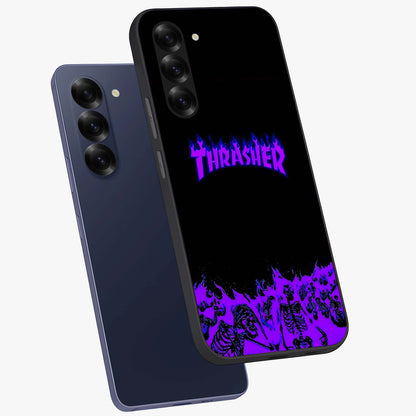 Neon Flame Riot Glass Case displayed in angled mockup highlighting glowing flame design with vibrant neon aesthetic.