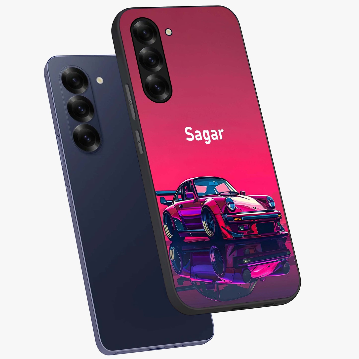 Neon Pink Porsche Glass Case displayed in angled mockup highlighting sleek neon pink car design with racing aesthetic.