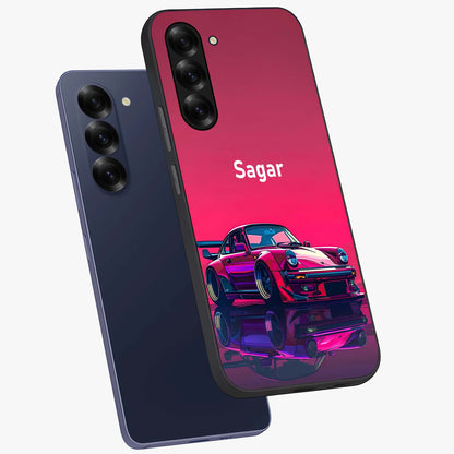 Neon Pink Porsche Glass Case displayed in angled mockup highlighting sleek neon pink car design with racing aesthetic.