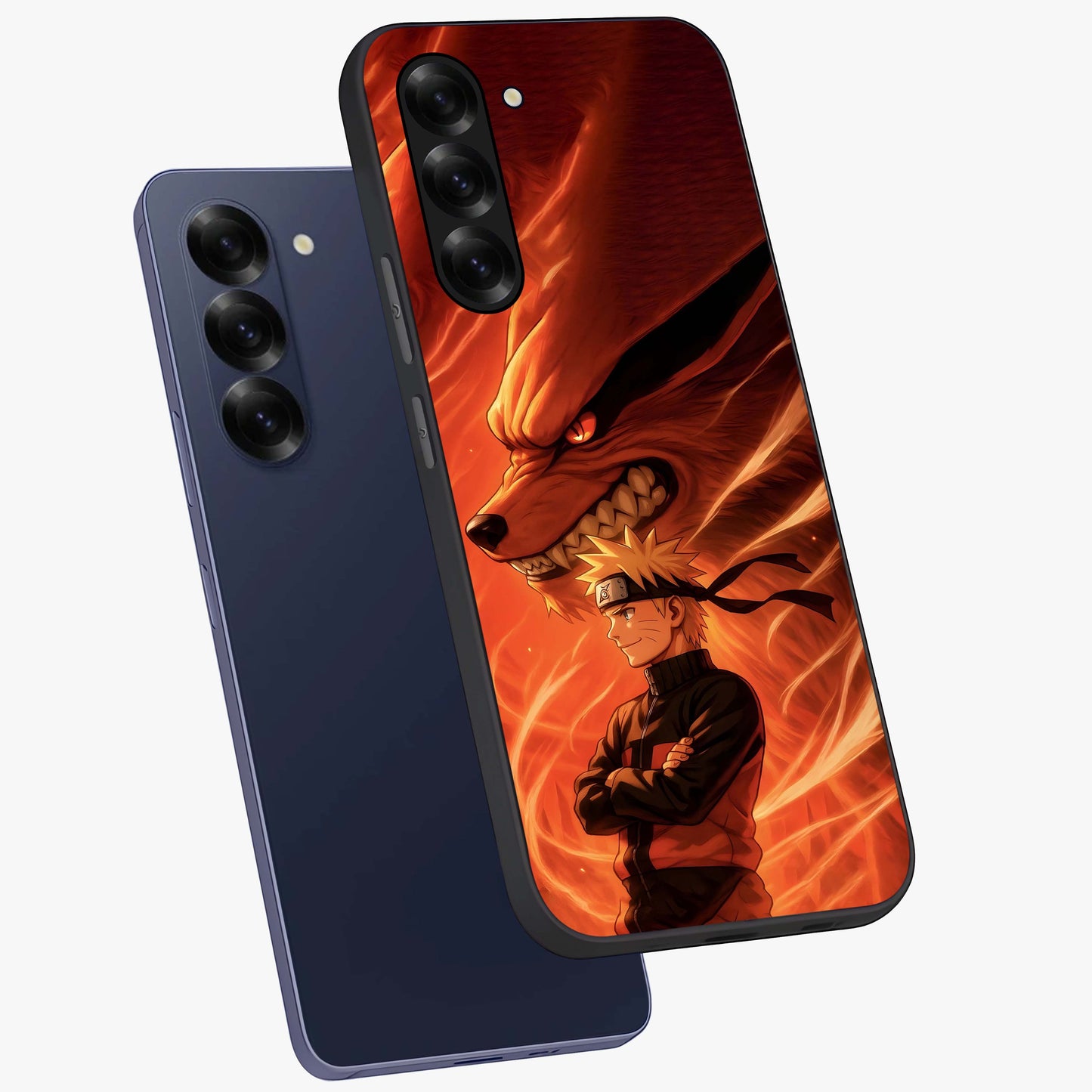 Nine Tails Legacy Glass Case displayed in angled mockup highlighting dynamic anime beast illustration with bold mystical aesthetic.