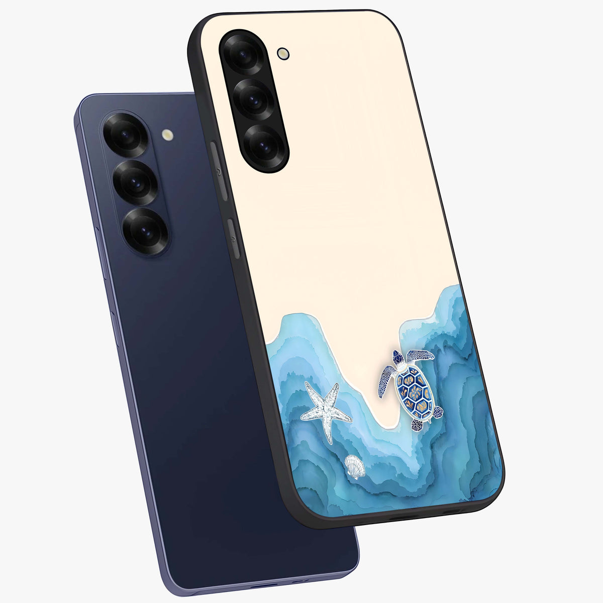 Ocean Drift Turtle Glass Case displayed in angled mockup highlighting peaceful ocean turtle illustration with marine aesthetic.