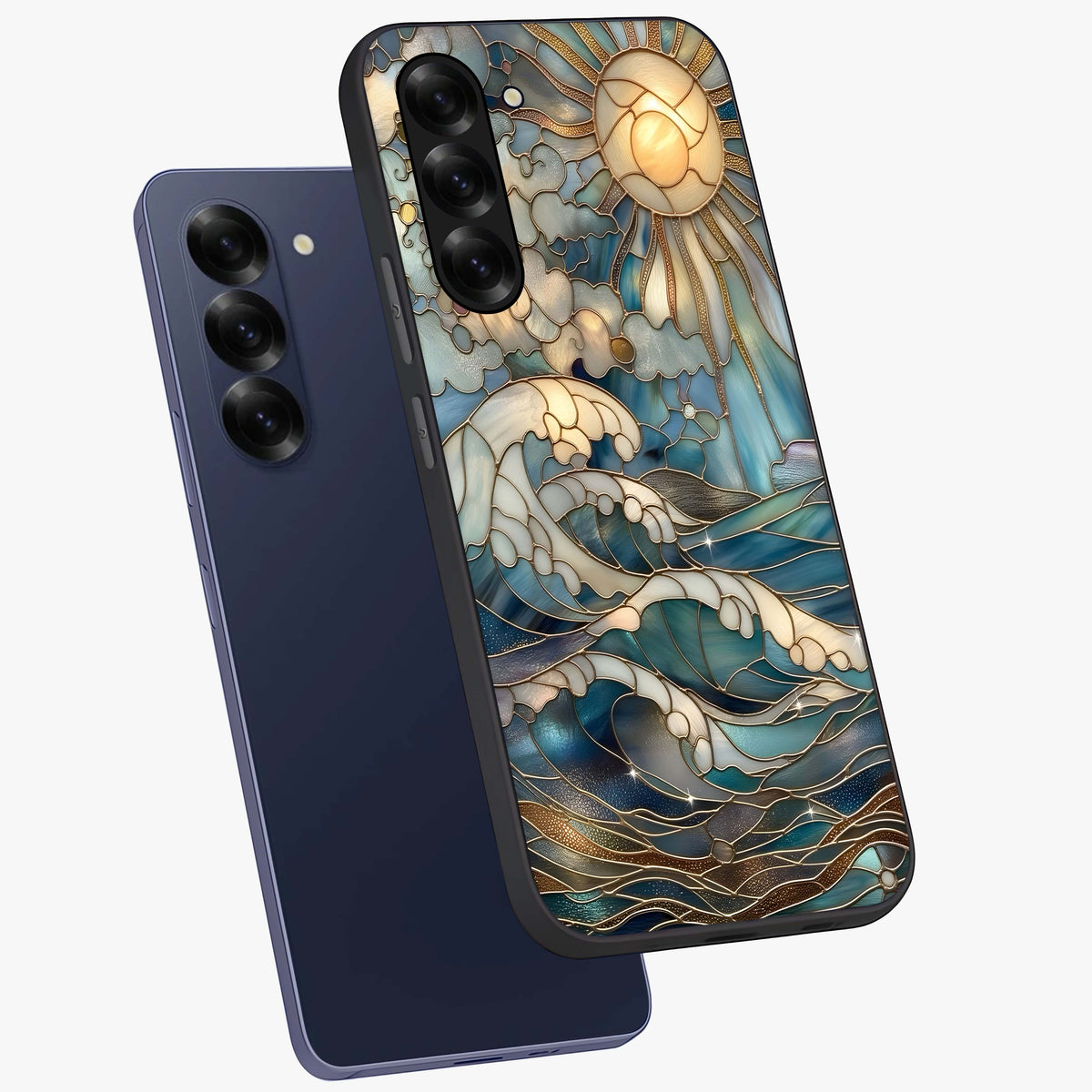Oceanic Stained Printed Glass Case displayed in angled mockup highlighting colorful aquatic design with artistic aesthetic style.