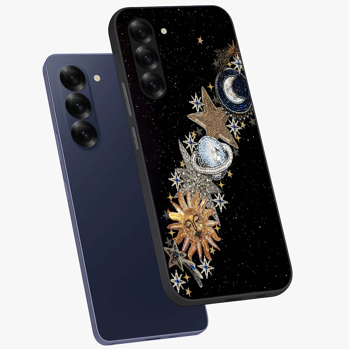 Pearls Universe Object Glass Case displayed in angled mockup highlighting celestial pearl design with dreamy aesthetic.