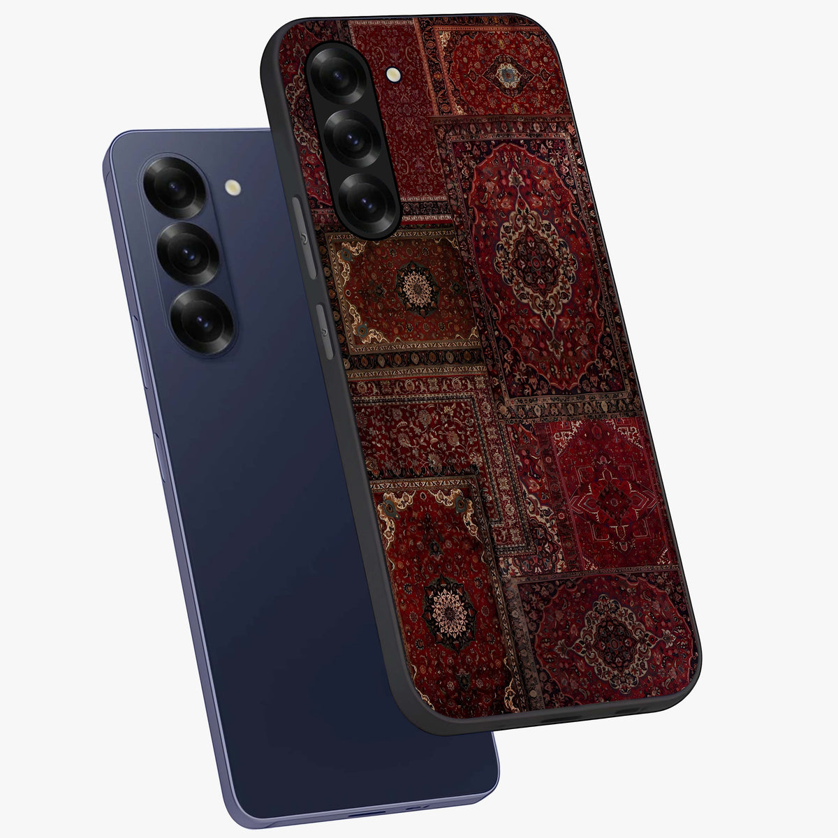Persian Velvet Tale Glass Case displayed in angled mockup highlighting ornate textile inspired design with royal aesthetic.