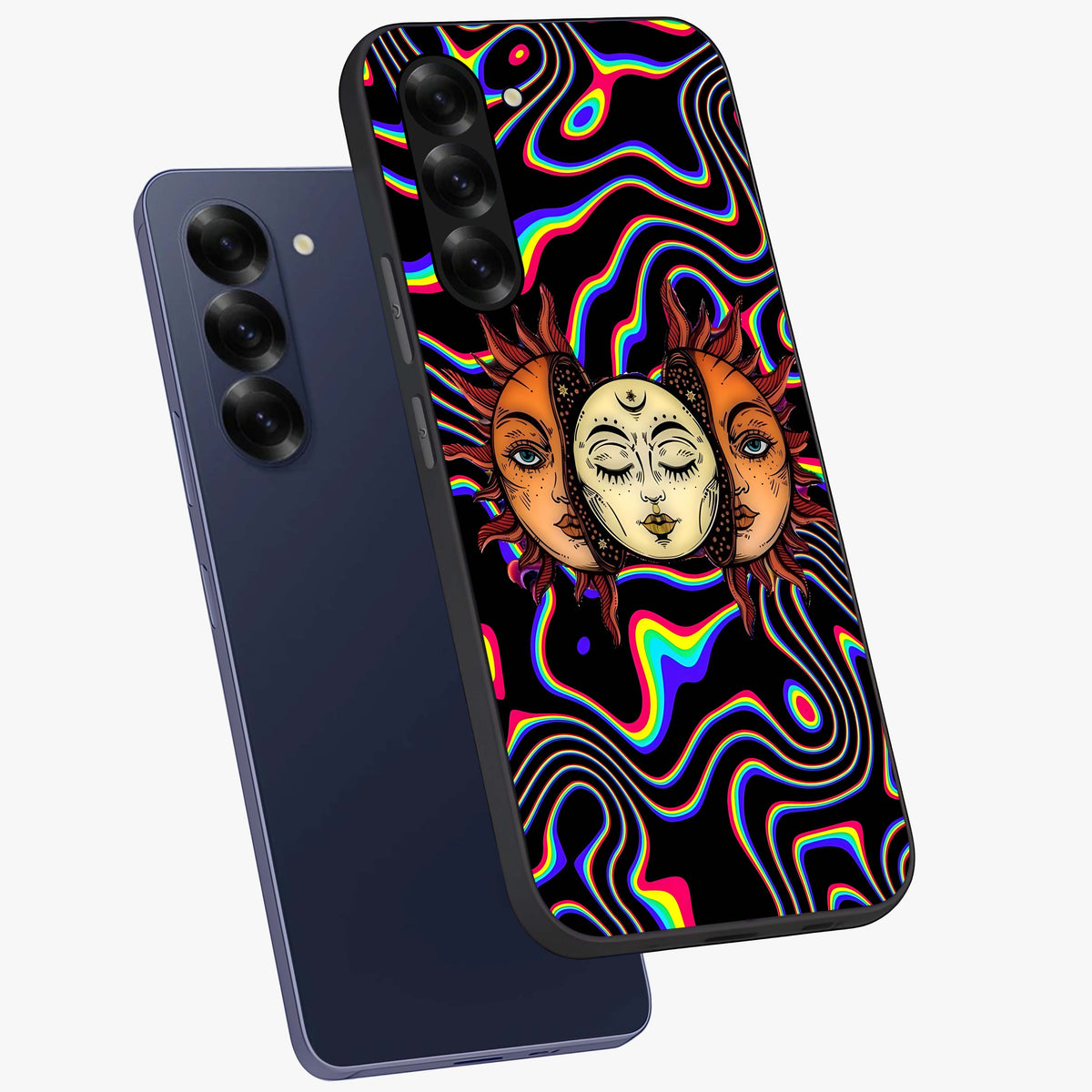 Psychedelic Sun Glass Case displayed in angled mockup highlighting vibrant abstract sun design with artistic aesthetic style.