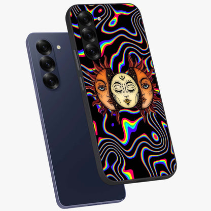 Psychedelic Sun Glass Case displayed in angled mockup highlighting vibrant abstract sun design with artistic aesthetic style.