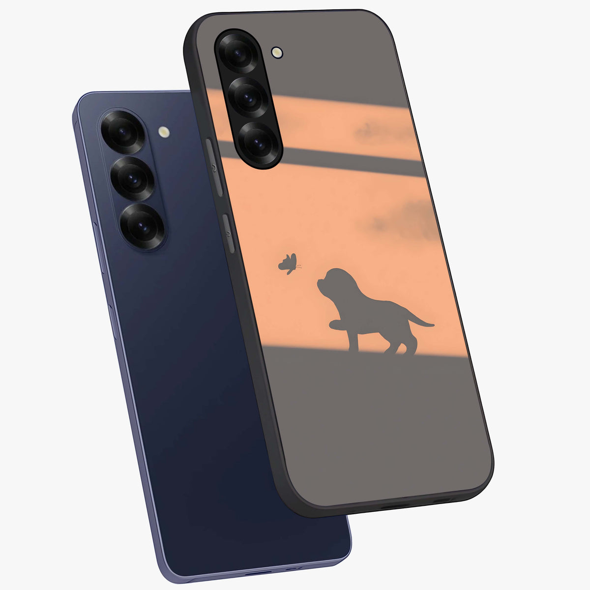 Puppy Shadow Art Glass Case displayed in angled mockup highlighting playful dog illustration with artistic shadow aesthetic.