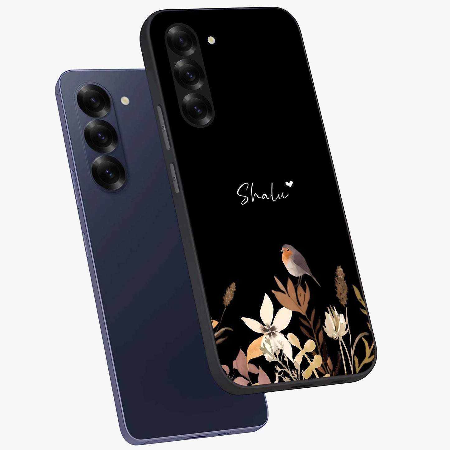 Quiet Garden Tune Custom Name Glass Case displayed in angled mockup highlighting delicate floral garden design with custom name feature.