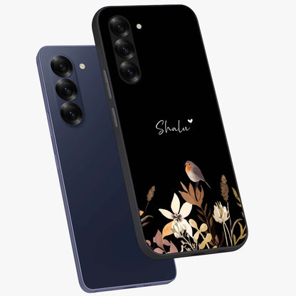 Quiet Garden Tune Custom Name Glass Case displayed in angled mockup highlighting delicate floral garden design with custom name feature.