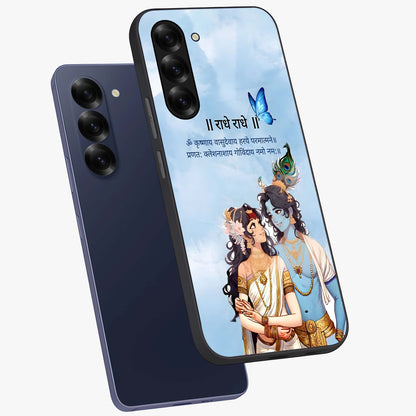 Radha Krishna Eternal Glass Case displayed in angled mockup highlighting divine Radha Krishna illustration with spiritual aesthetic.