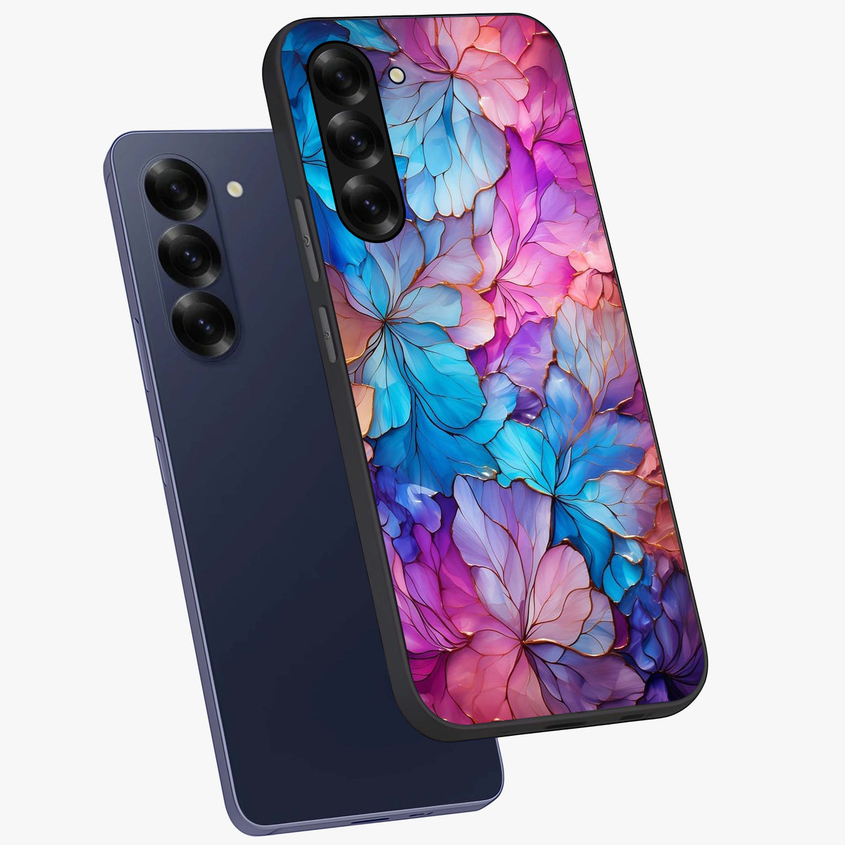 Radiant Floral Whirl Glass Case displayed in angled mockup highlighting vibrant flower pattern with dynamic artistic aesthetic.