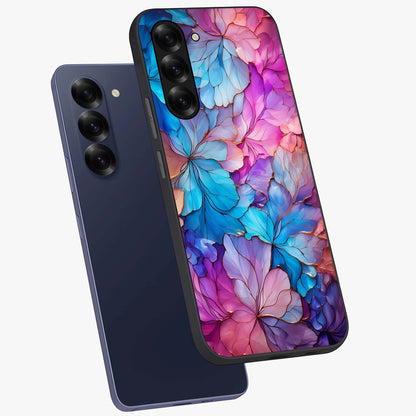 Radiant Floral Whirl Glass Case displayed in angled mockup highlighting vibrant flower pattern with dynamic artistic aesthetic.