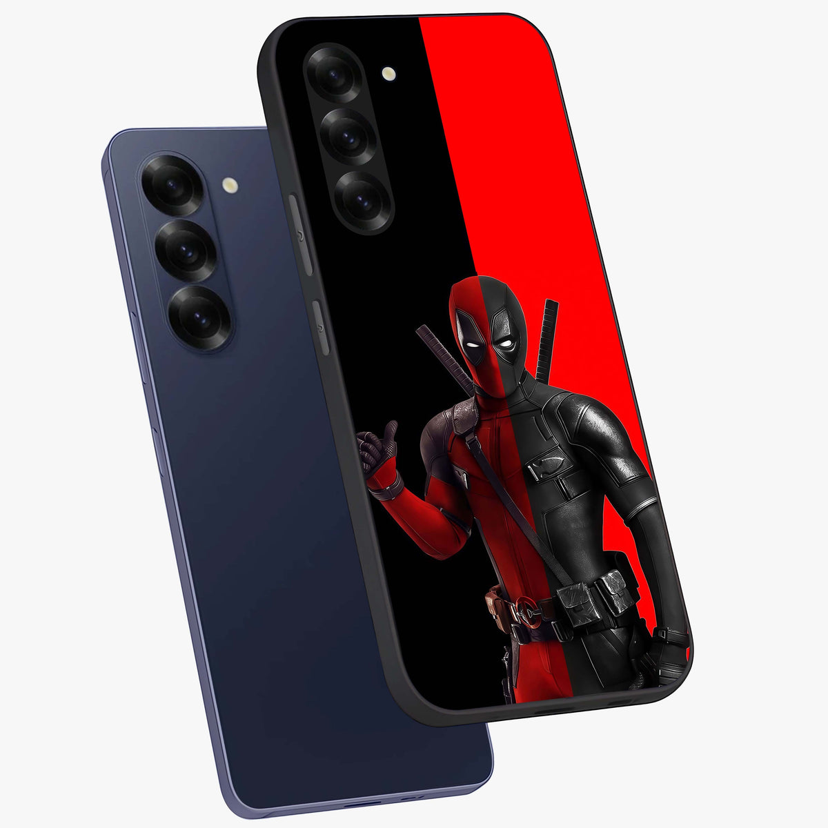 Red & Black Deadpool Theme Glass Case displayed in angled mockup highlighting vibrant superhero style illustration with action aesthetic.