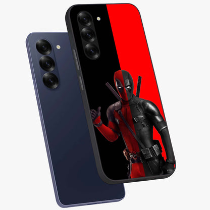 Red & Black Deadpool Theme Glass Case displayed in angled mockup highlighting vibrant superhero style illustration with action aesthetic.