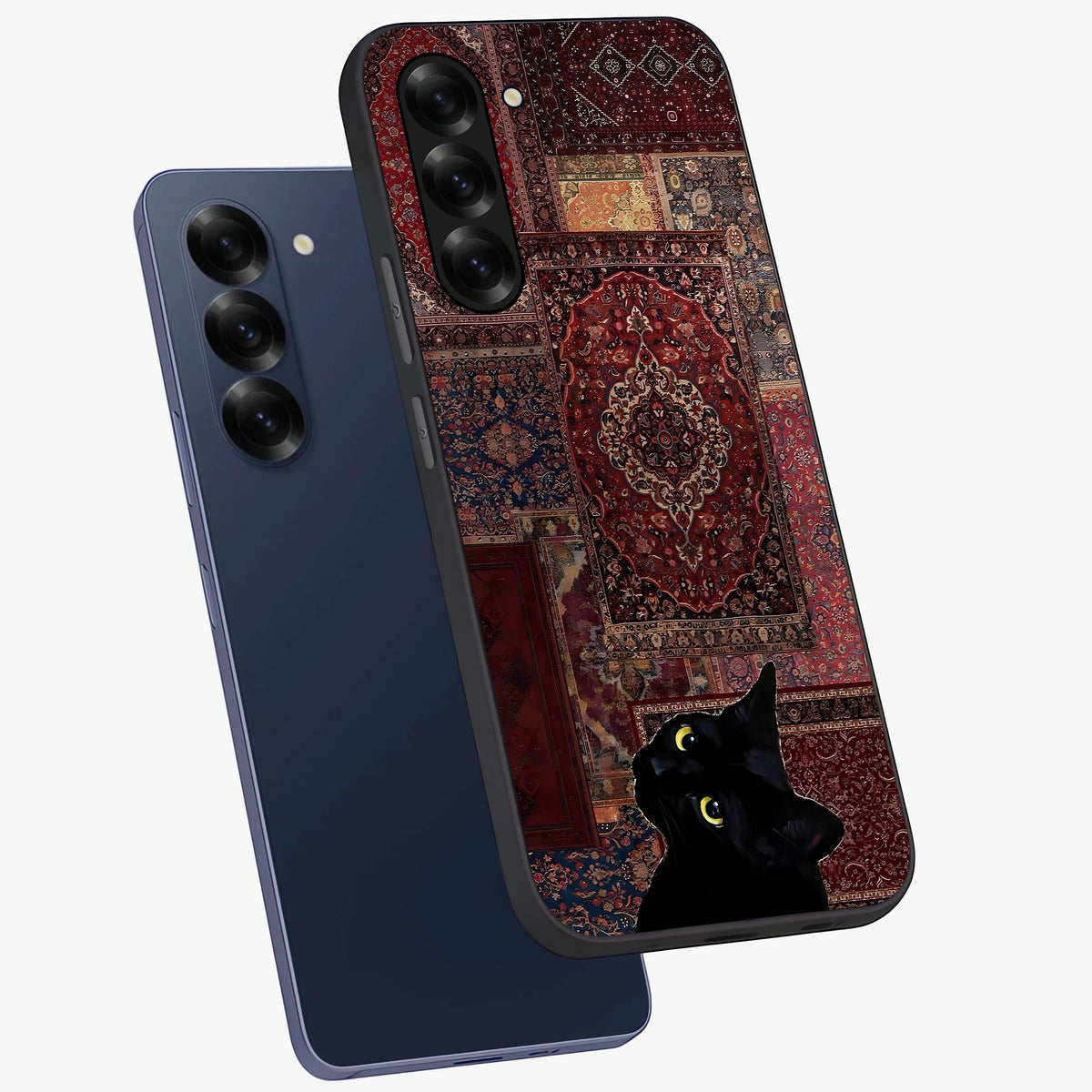 Regal Magic Cat Apple Glass Case displayed in angled mockup highlighting whimsical feline design with fantasy aesthetic.