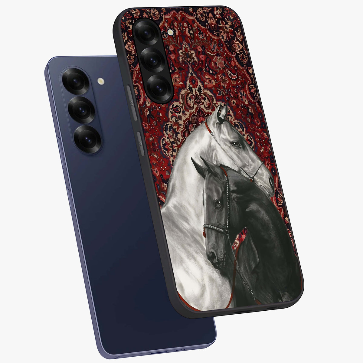 Regal Stallion Tapestry Glass Case displayed in angled mockup highlighting royal stallion design with decorative heritage aesthetic.