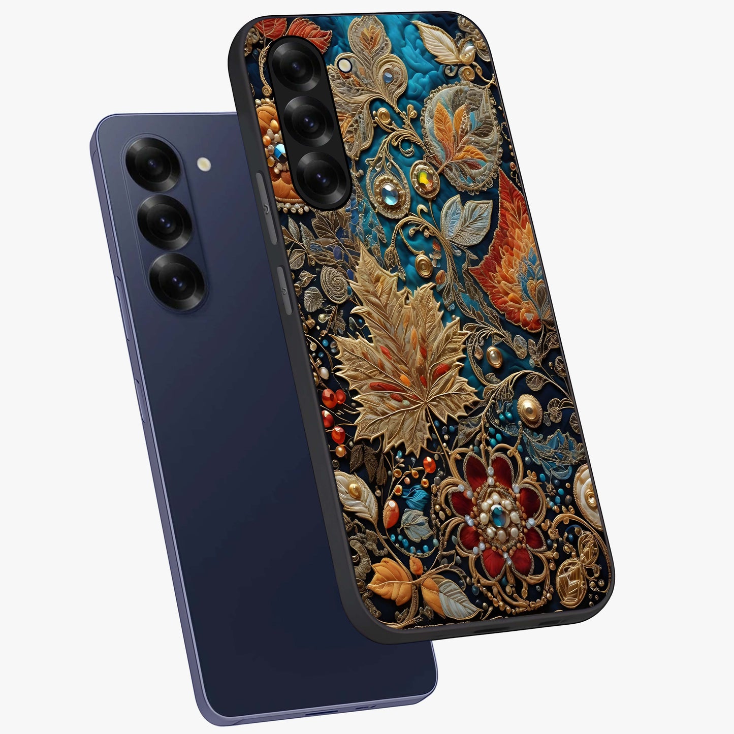 Royal Jewel Garden Glass Case displayed in angled mockup highlighting vibrant jewel inspired floral design with elegant aesthetic.