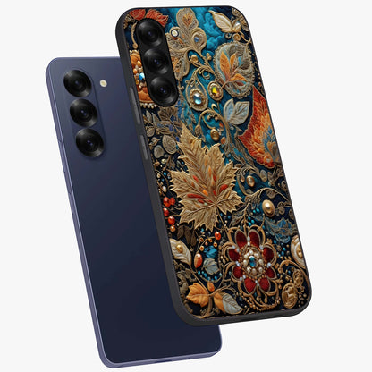 Royal Jewel Garden Glass Case displayed in angled mockup highlighting vibrant jewel inspired floral design with elegant aesthetic.