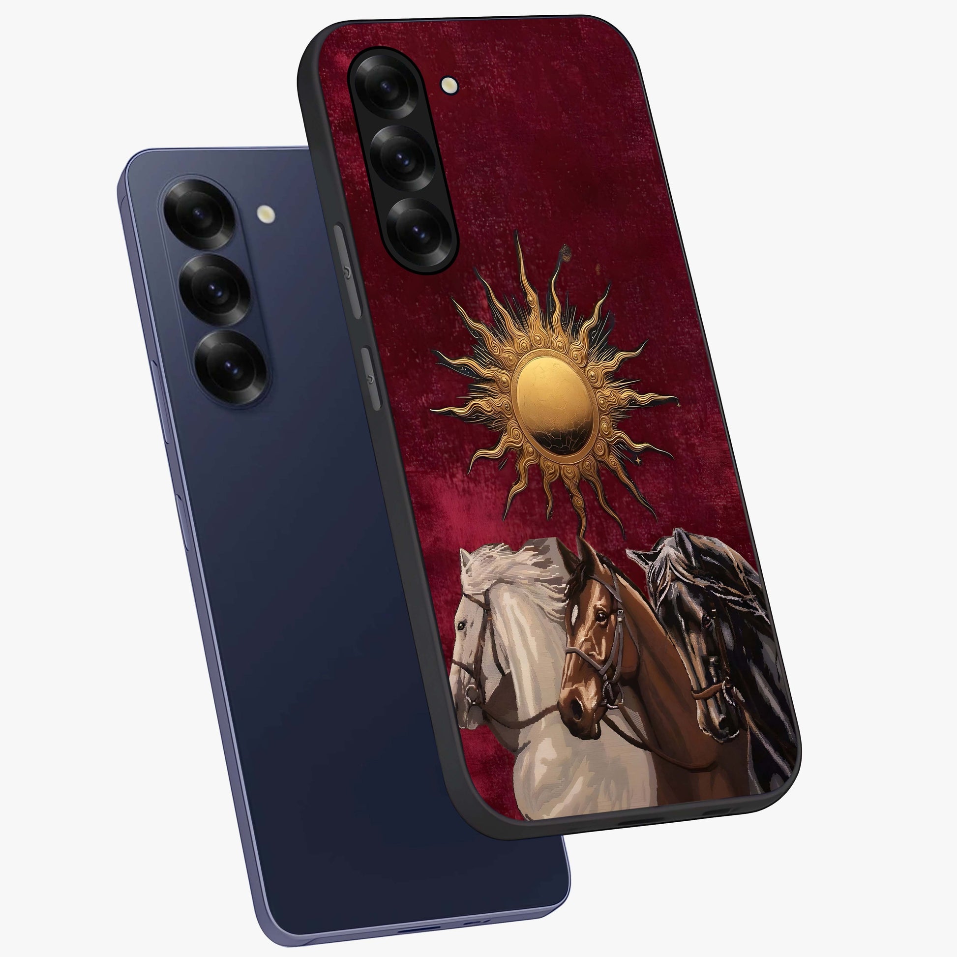 Solar Riders Glass Case displayed in angled mockup highlighting powerful rider illustration with radiant solar aesthetic.