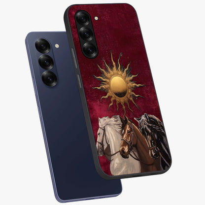 Solar Riders Glass Case displayed in angled mockup highlighting powerful rider illustration with radiant solar aesthetic.