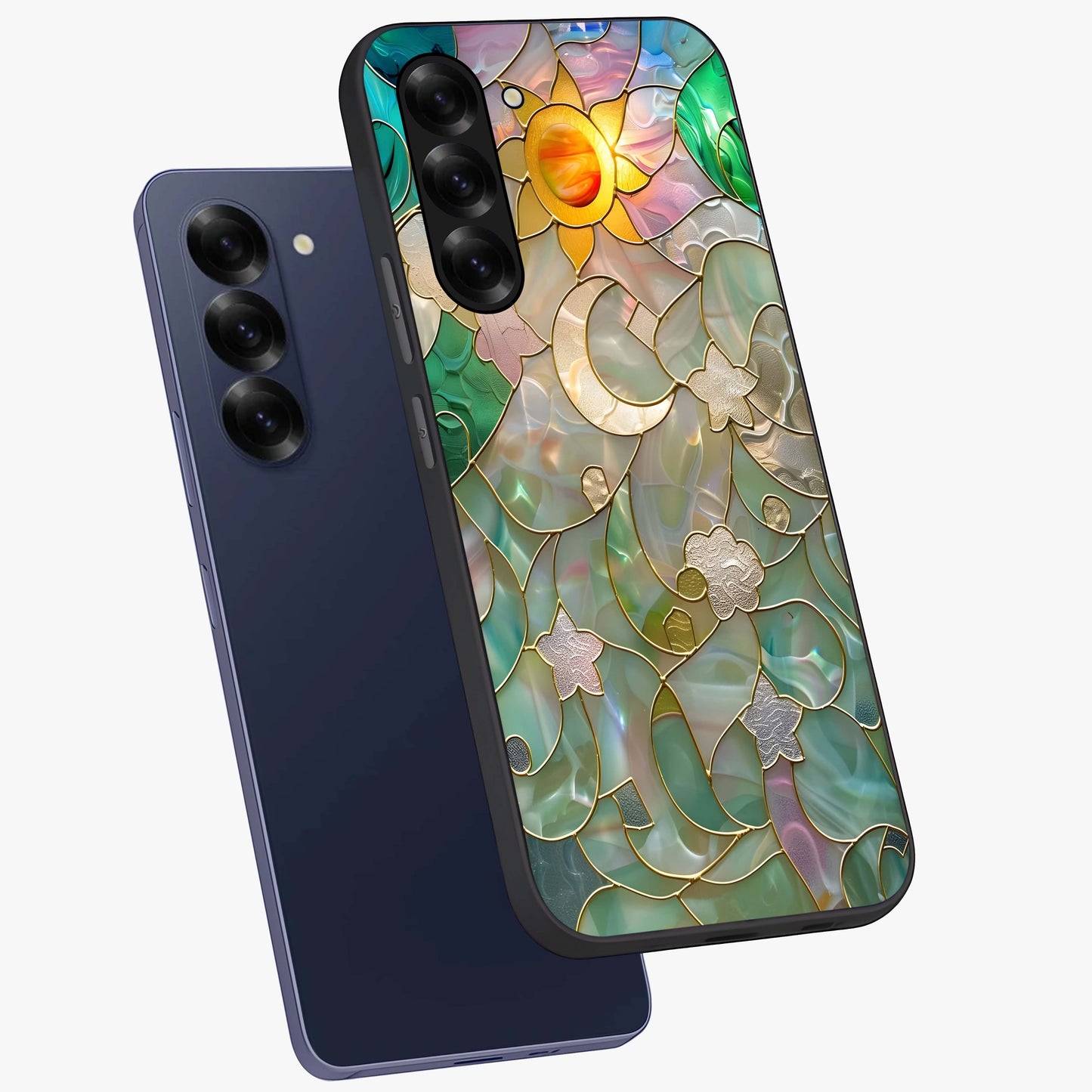 Stained Sunrise Glow Glass Case displayed in angled mockup highlighting radiant sunrise design with artistic aesthetic style.