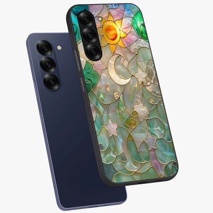 Stained Sunrise Glow Glass Case displayed in angled mockup highlighting radiant sunrise design with artistic aesthetic style.