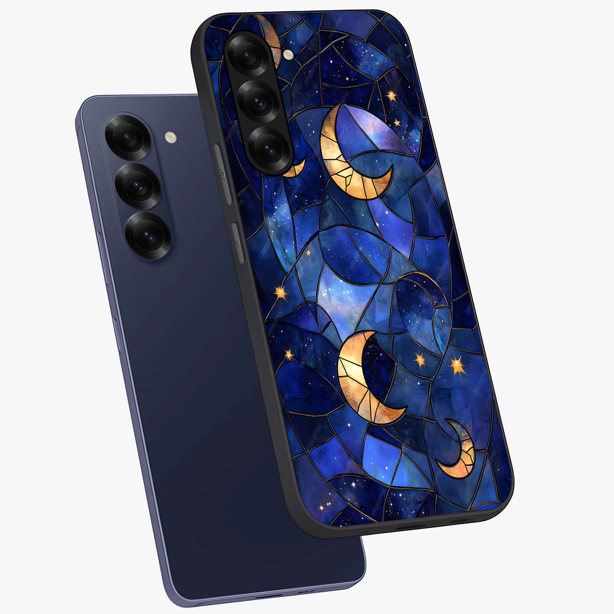 Starlit Sky Tapestry Glass Case displayed in angled mockup highlighting celestial night pattern with artistic aesthetic style.