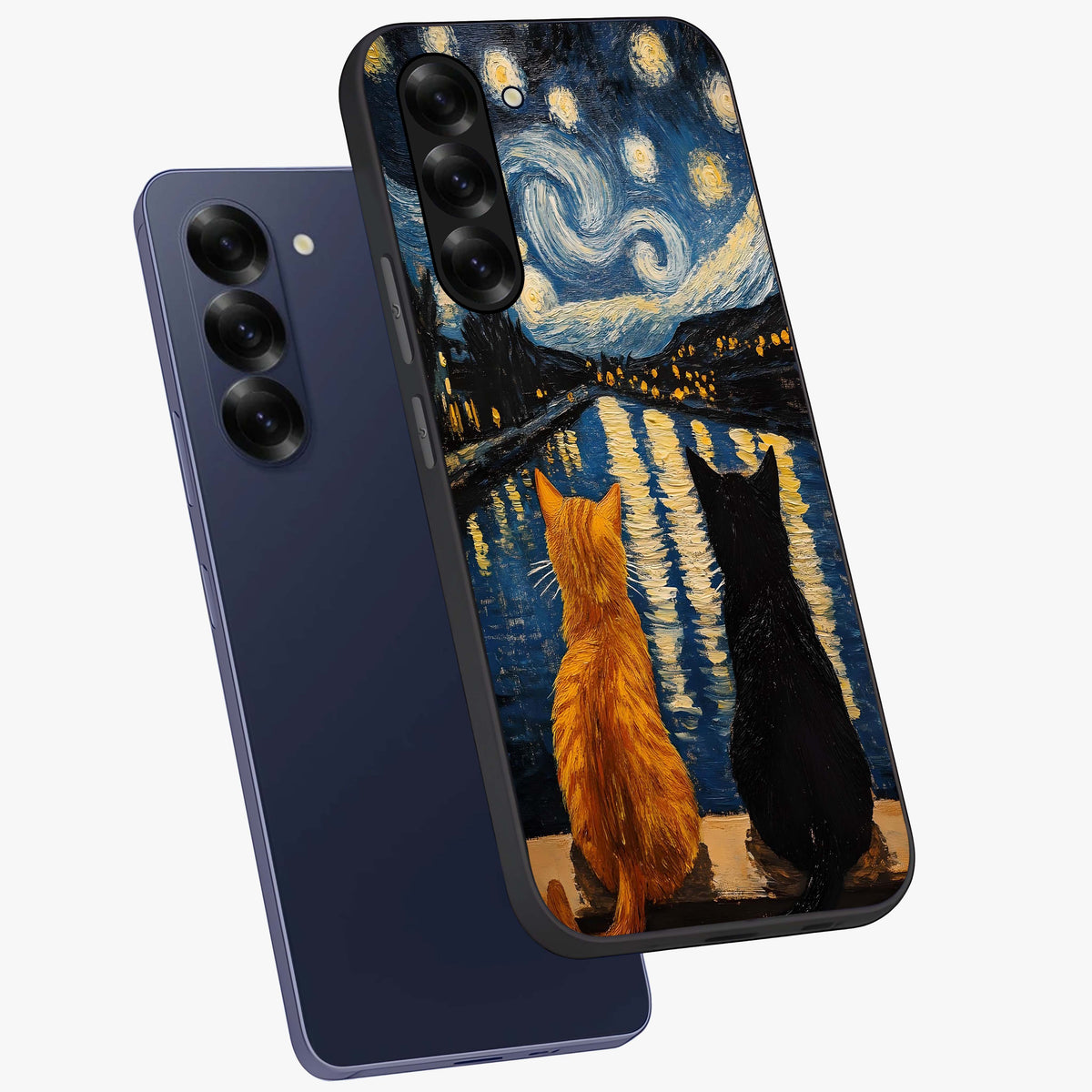 Starry River Cats Glass Case displayed in angled mockup highlighting charming feline illustration with dreamy night aesthetic.