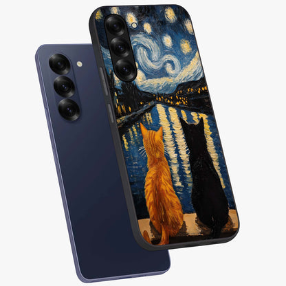 Starry River Cats Glass Case displayed in angled mockup highlighting charming feline illustration with dreamy night aesthetic.