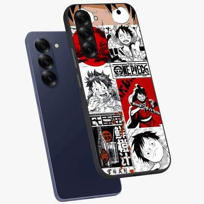 Strawhat Chaos Panels Glass Case displayed in angled mockup highlighting vibrant anime collage design with action aesthetic.
