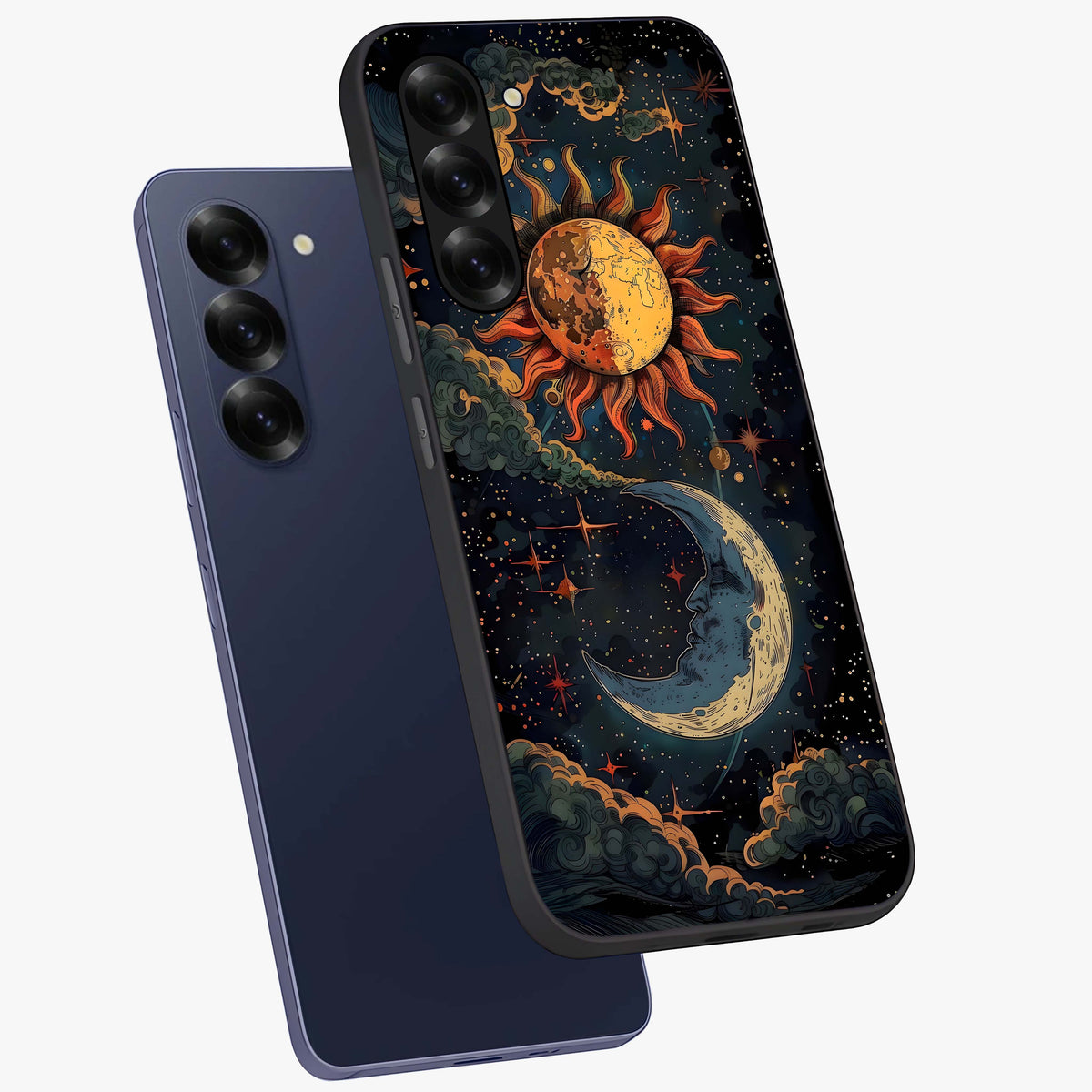 Sun And Moon Magic Design Glass Case displayed in angled mockup highlighting celestial design with magical cosmic aesthetic.