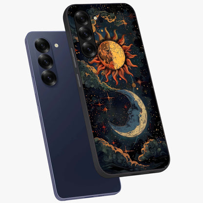 Sun And Moon Magic Design Glass Case displayed in angled mockup highlighting celestial design with magical cosmic aesthetic.