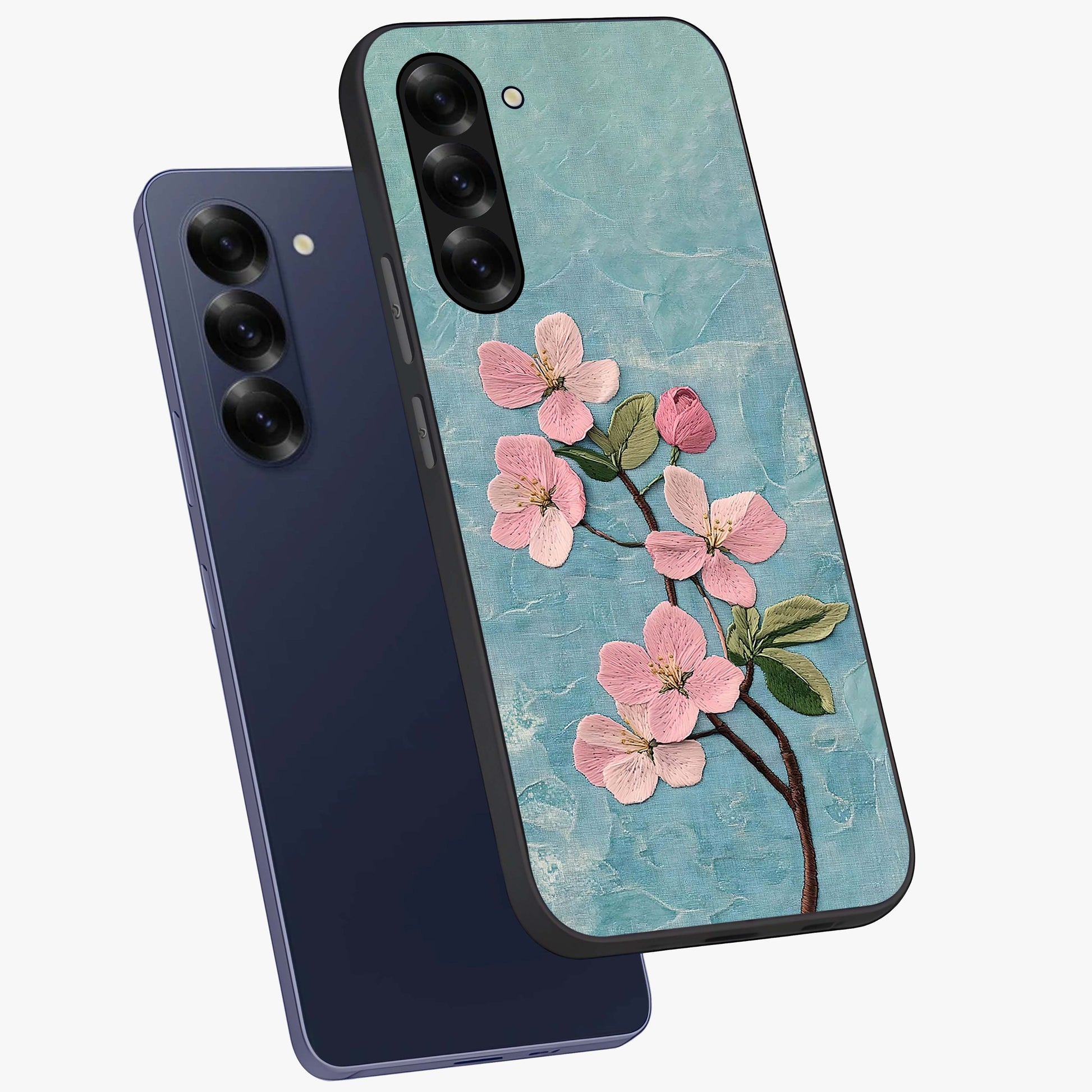 Threaded Blossom Breeze Glass Case displayed in angled mockup highlighting elegant floral design with soft aesthetic style.