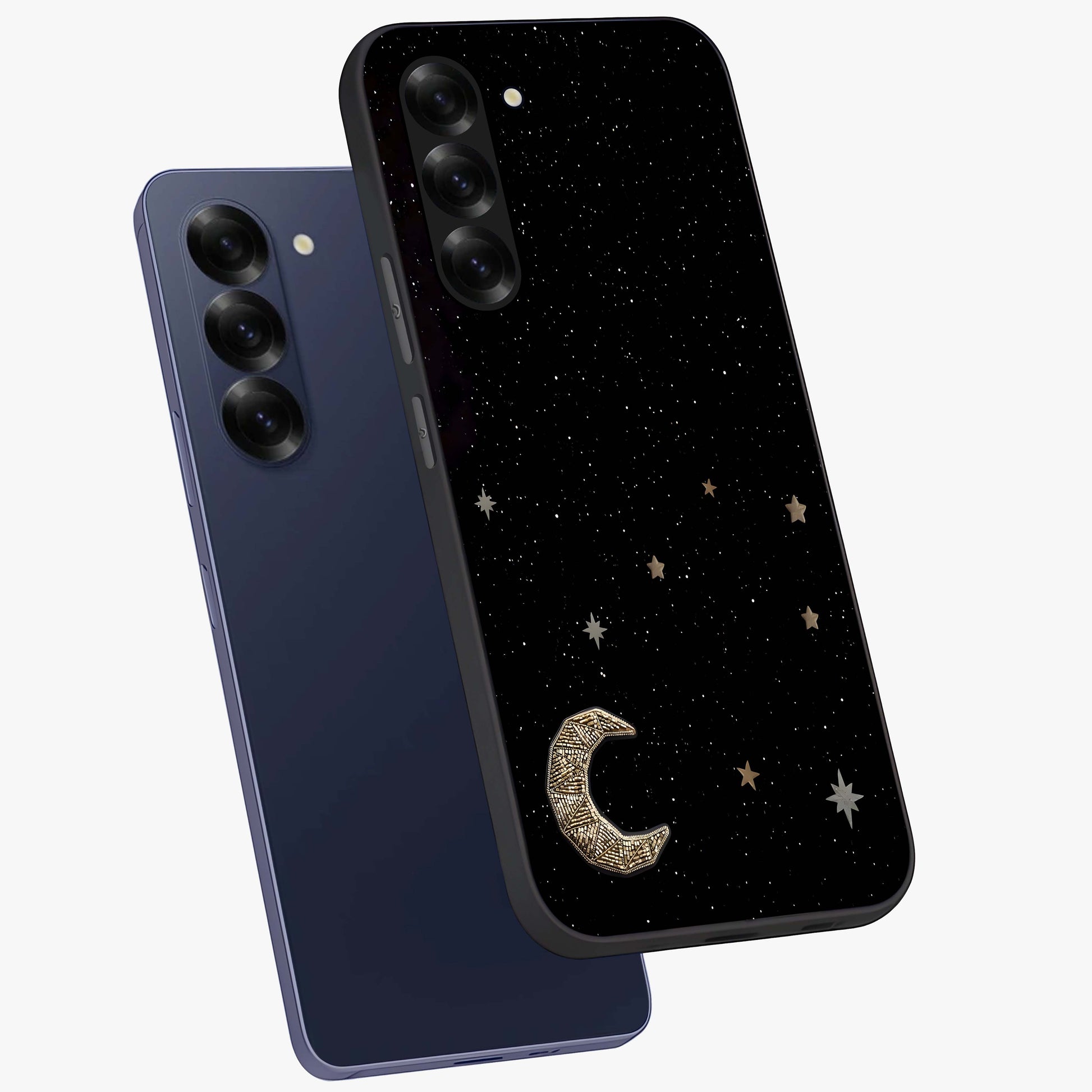 Twinkle Star With Half Moon Glass Case displayed in angled mockup highlighting celestial moon and star design with magical aesthetic.