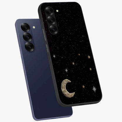 Twinkle Star With Half Moon Glass Case displayed in angled mockup highlighting celestial moon and star design with magical aesthetic.