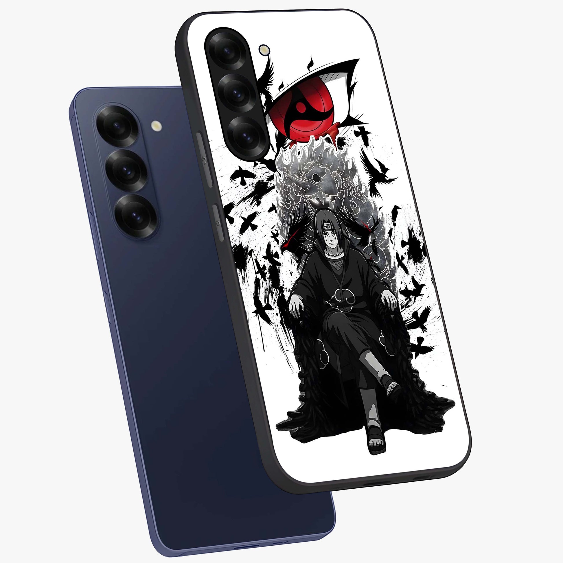 Uchiha Shadow Throne Glass Case displayed in angled mockup highlighting glowing aquatic design with celestial aesthetic.