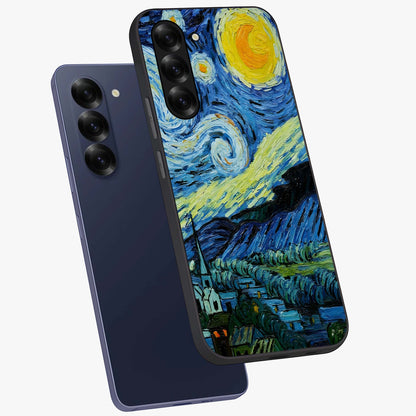 Van Gogh Art Glass Case displayed in angled mockup highlighting swirling brushstroke design with artistic aesthetic.