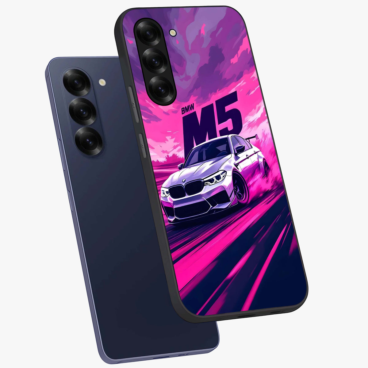Velocity Drift Pulse Glass Case displayed in angled mockup highlighting dynamic drift design with sporty automotive aesthetic.
