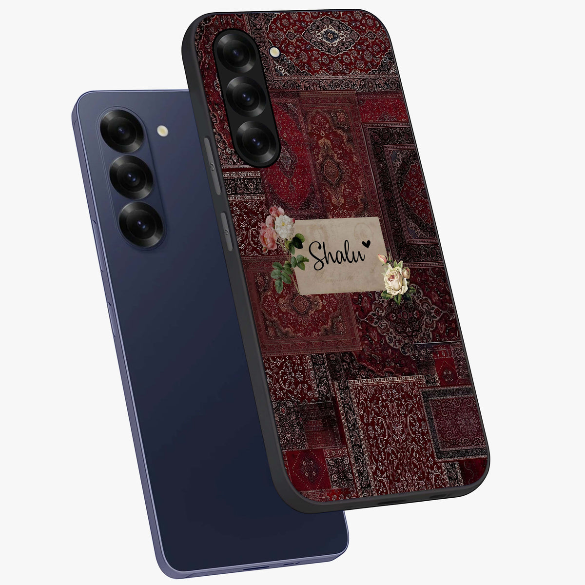 Velvet Wine Pattern Custom Name Glass Case displayed in angled mockup highlighting decorative velvet inspired design with custom name feature.