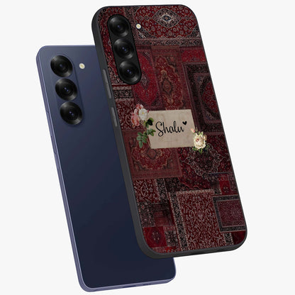Velvet Wine Pattern Custom Name Glass Case displayed in angled mockup highlighting decorative velvet inspired design with custom name feature.