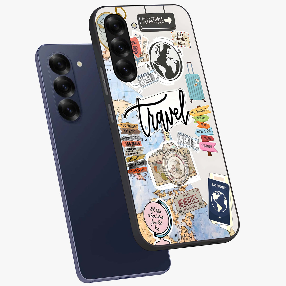 Wanderlust Journal Glass Case displayed in angled mockup highlighting adventure themed design with aesthetic travel vibe.