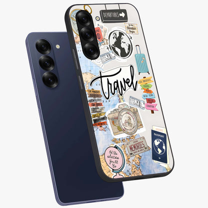 Wanderlust Journal Glass Case displayed in angled mockup highlighting adventure themed design with aesthetic travel vibe.