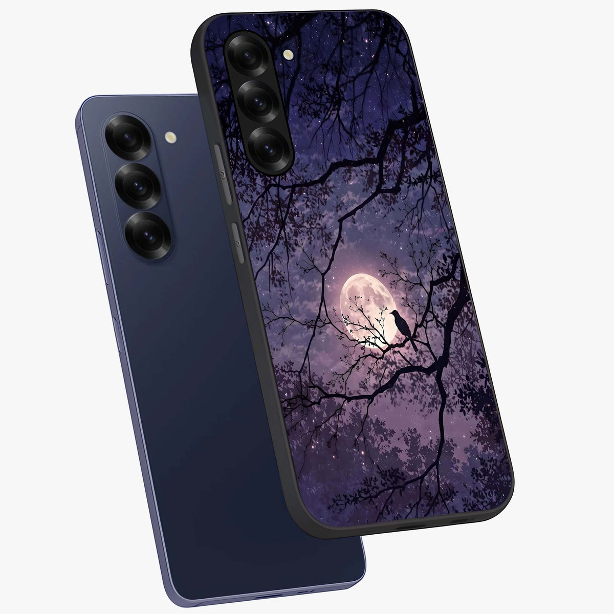 Whispering Moon Silence Glass Case displayed in angled mockup highlighting calm lunar design with dreamy night aesthetic.