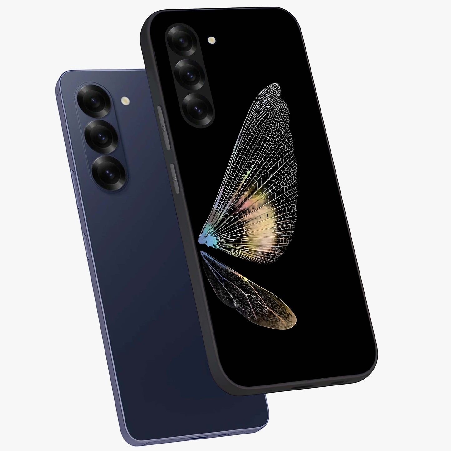 Whispers Of Wings Glass Case displayed in angled mockup highlighting soft feather design with celestial aesthetic style.