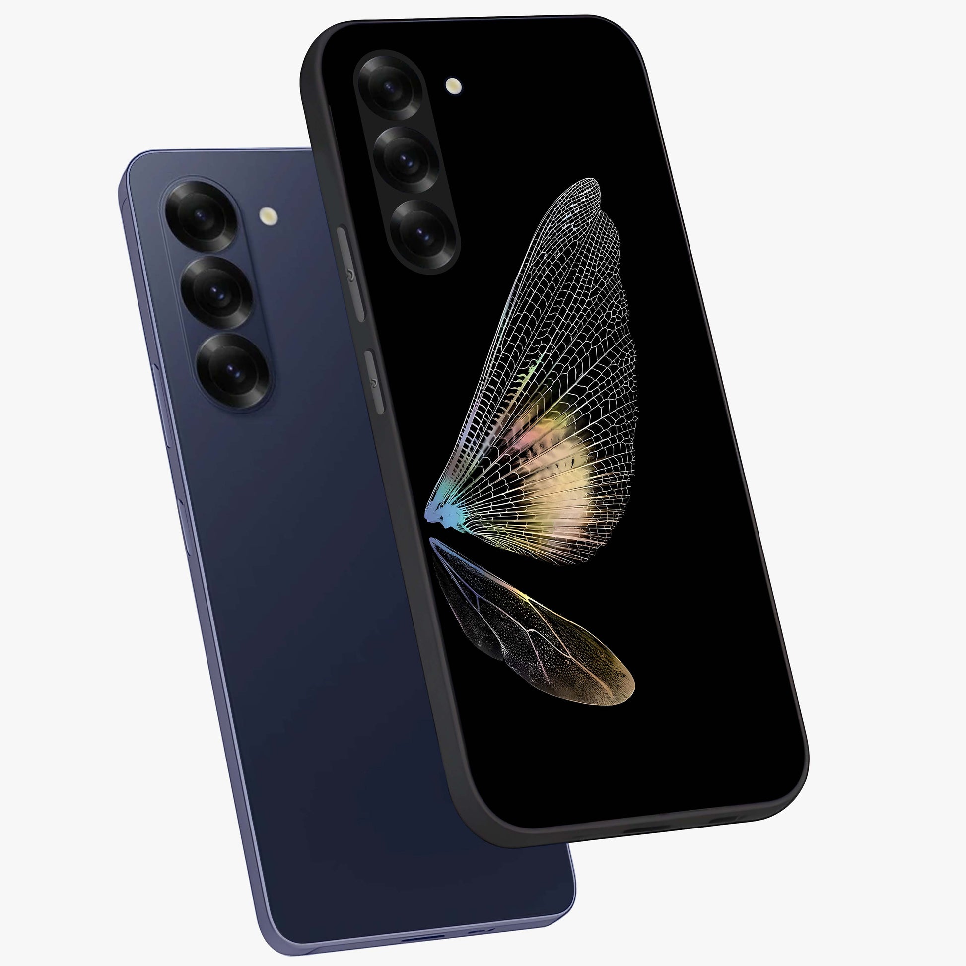 Whispers Of Wings Glass Case displayed in angled mockup highlighting soft feather design with celestial aesthetic style.