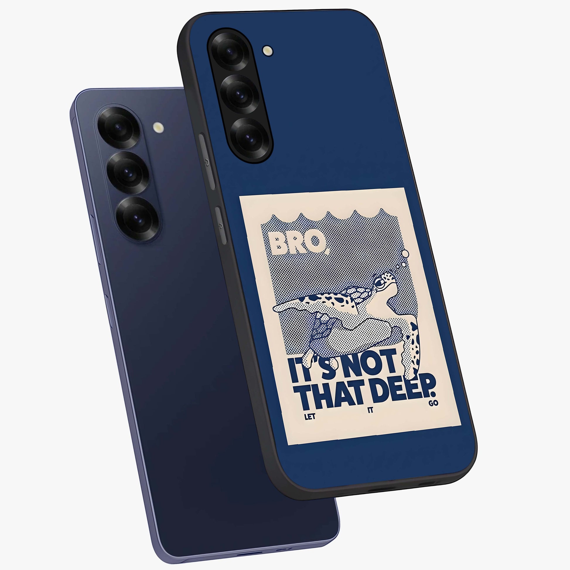 Worry Less Swim Glass Case displayed in angled mockup highlighting fun typography design with relaxed aesthetic style.