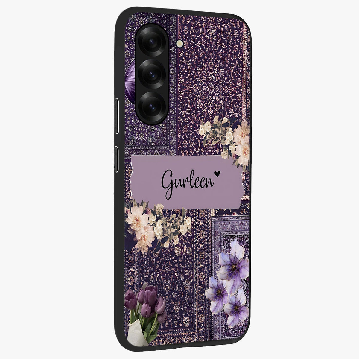 Antique Floral Whisper Custom Name Glass Case upright view showcasing delicate floral artwork with custom name feature.