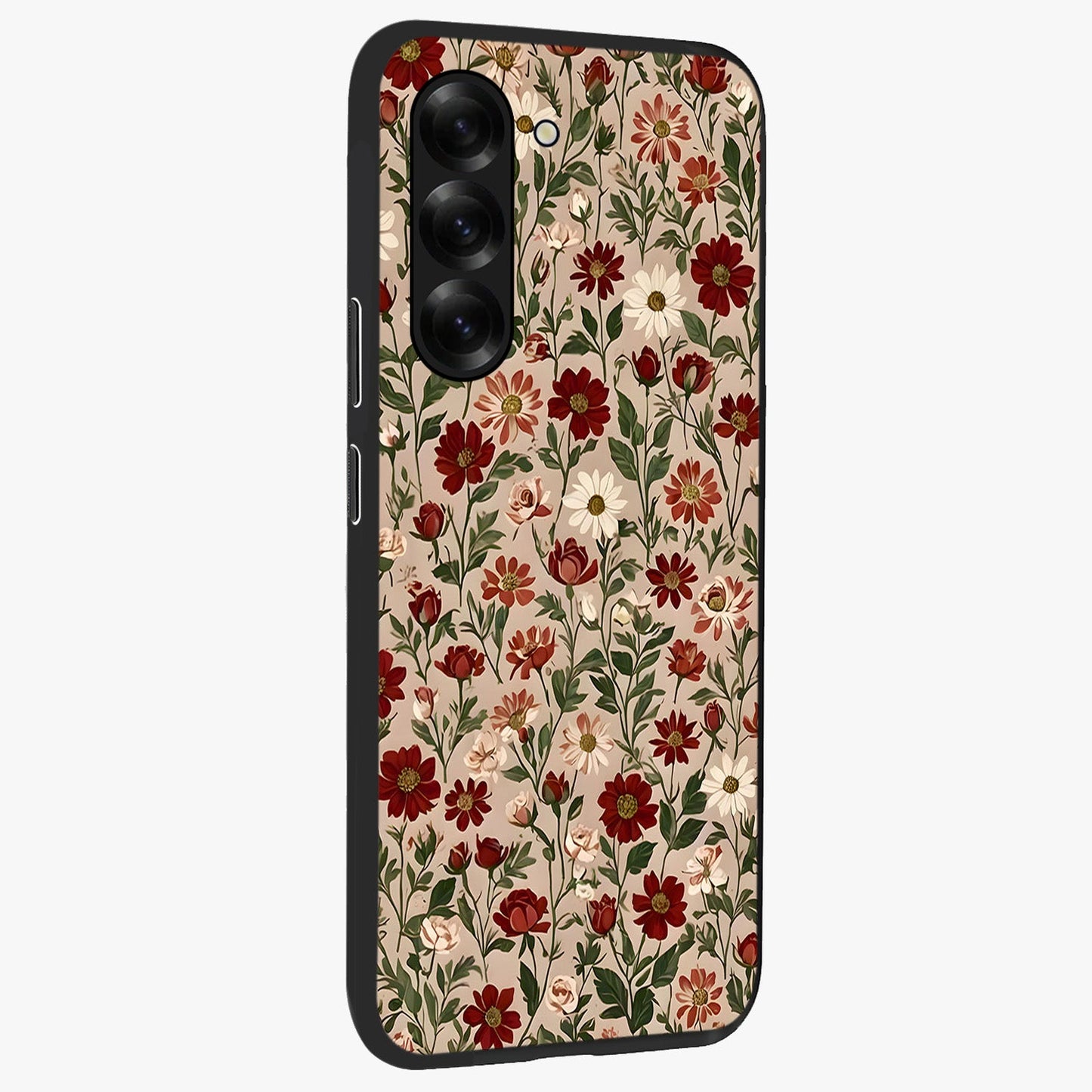 Biege Flower With Leaf Glass Case upright view showcasing delicate beige flower illustration with clean botanical style.