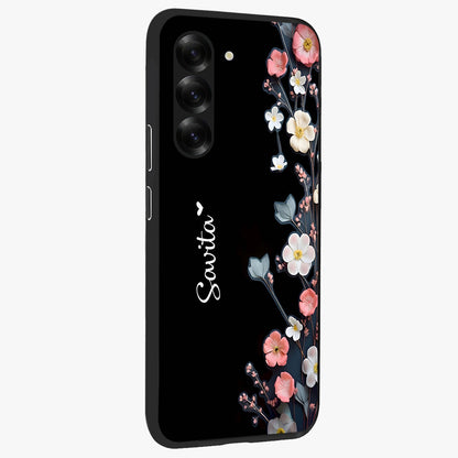 Black Elegance Floral Custom Name Glass Case upright view showcasing luxurious black floral design with personalized name detail.