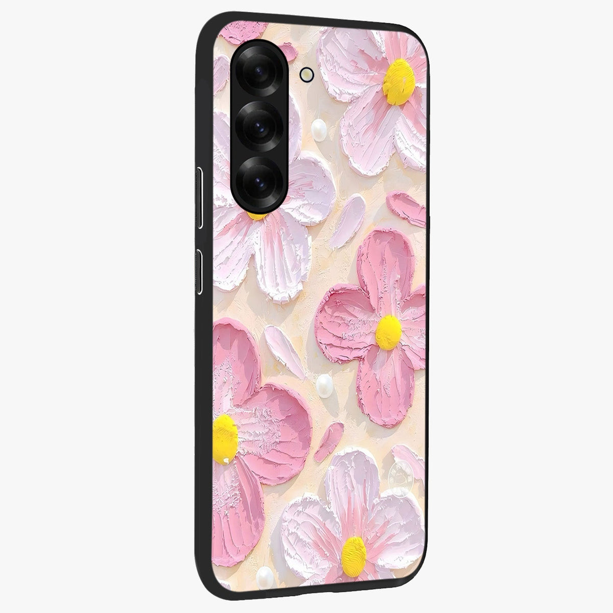 Blush Bloom Texture Glass Case upright view showcasing delicate blush floral texture with modern minimal style.
